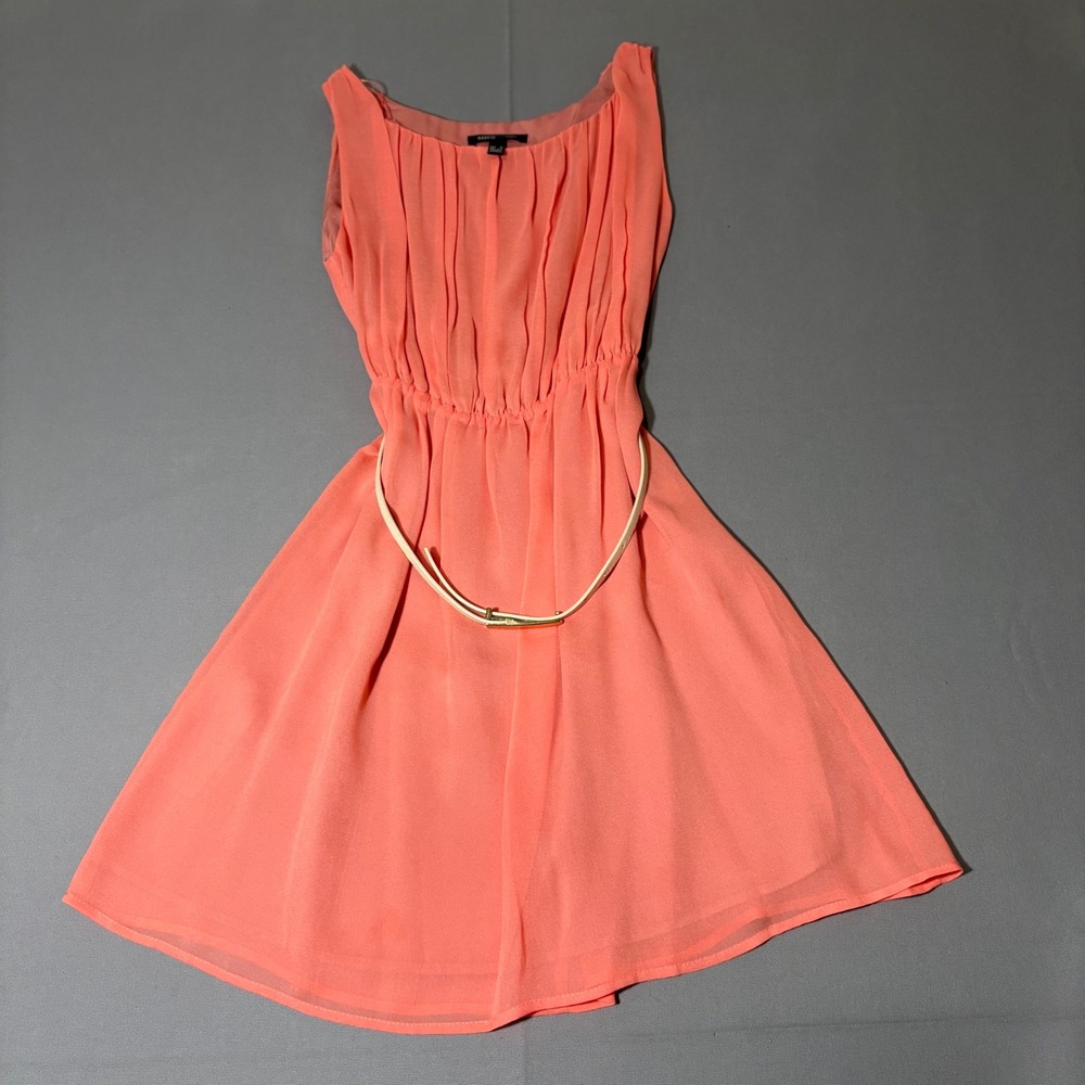 Mango Chiffon Sleeveless Dress Womens Size 2 Coral Pink Pleated Belted Mini